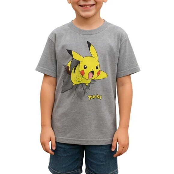 Pokemon Pikachu Graphic Kids T-Shirt Gray Cotton Blend Short Sleeve Size Large - Picture 1 of 5